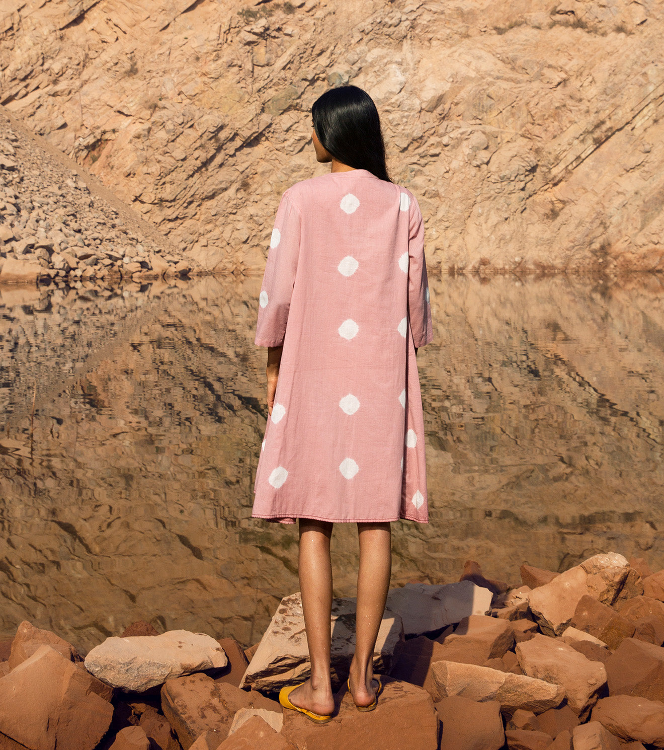 Pink Shibori dyed Mini Dress by Khara Kapas with 32 Days Of Summer by Khara Kapas, Linen, Mini Dresses, Mulmul, Natural, Ombre & Dyes, Pink, Relaxed Fit, Resort Wear, Shirt Dresses, Womenswear at Kamakhyaa for sustainable fashion