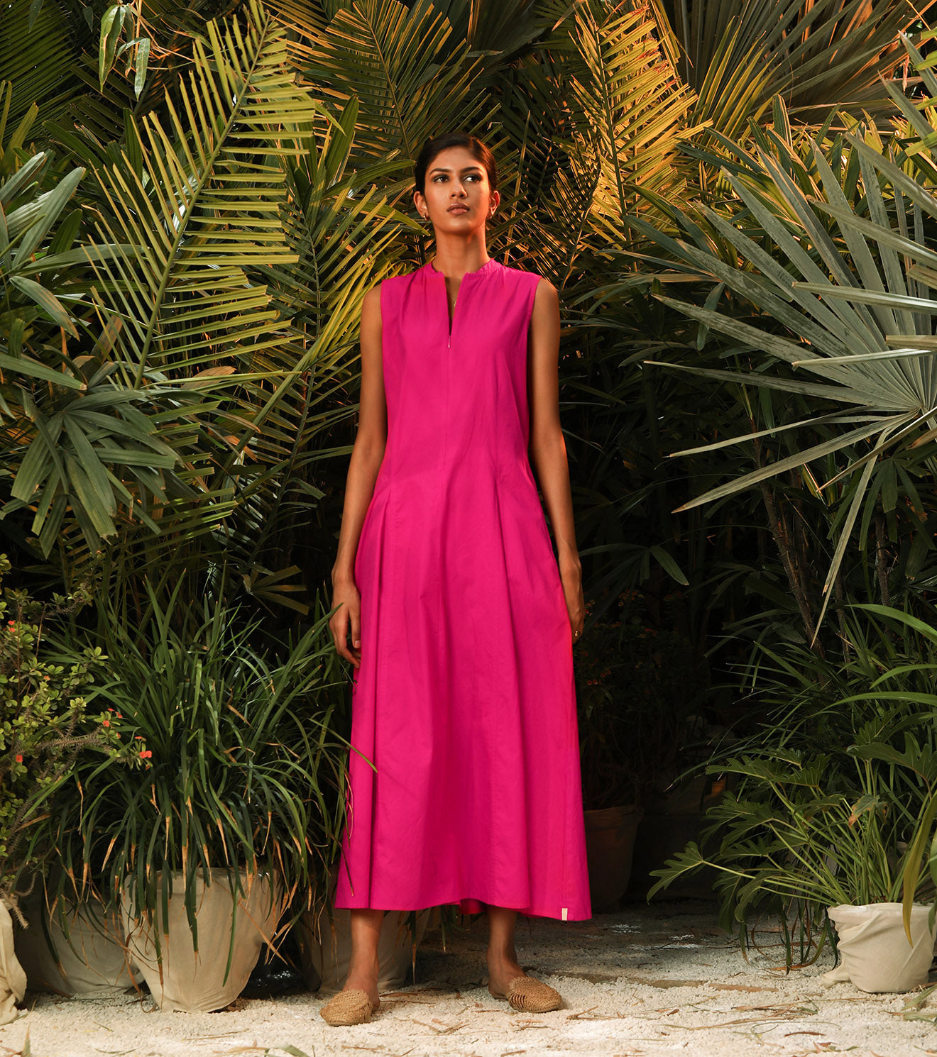 Pink Sleeveless Maxi Dress by Khara Kapas with Another Day In Paradise by Khara Kapas, Lost In Paradise by Khara Kapas, Maxi Dresses, Natural, Pink, Poplin, Regular Fit, Resort Wear, Sleeveless Dresses, Solids, Womenswear at Kamakhyaa for sustainable fashion