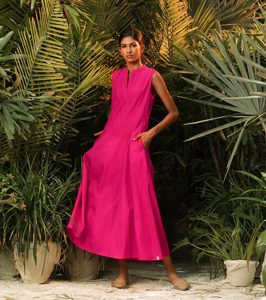 Pink Sleeveless Maxi Dress by Khara Kapas with Another Day In Paradise by Khara Kapas, Lost In Paradise by Khara Kapas, Maxi Dresses, Natural, Pink, Poplin, Regular Fit, Resort Wear, Sleeveless Dresses, Solids, Womenswear at Kamakhyaa for sustainable fashion