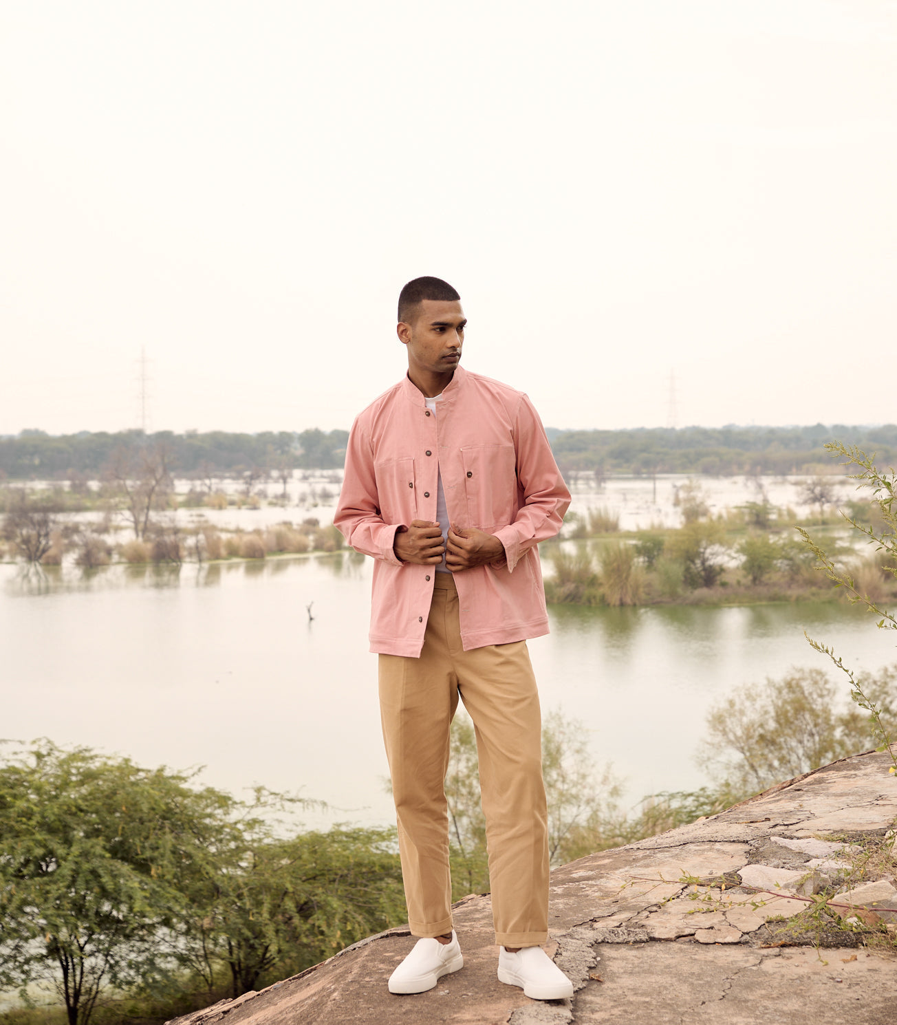 Pink Twill Cotton Mandarin Collar Jacket by Khara Kapas with Casual Wear, Cotton, Jackets, Natural, Pink, Regular Fit, Solids, Twill at Kamakhyaa for sustainable fashion