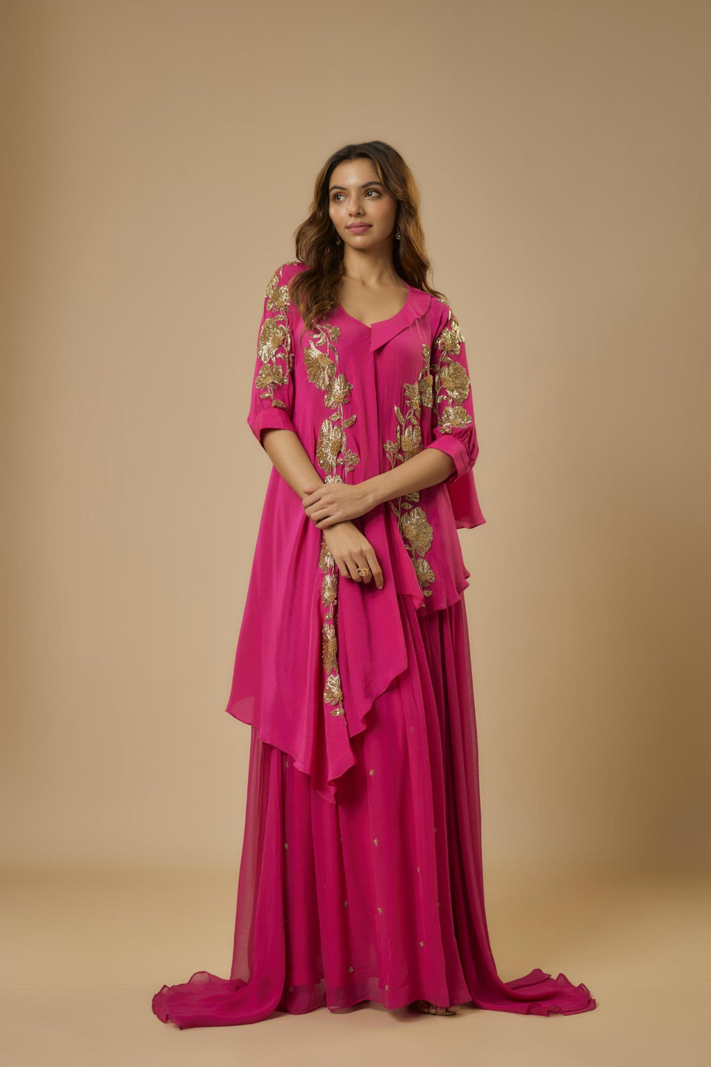 Georgette Pink Embroidered Set by Ewoke with Georgette, Nostalgia's Thread by Ewoke, sustainable fashion at Kamakhyaa for sustainable fashion