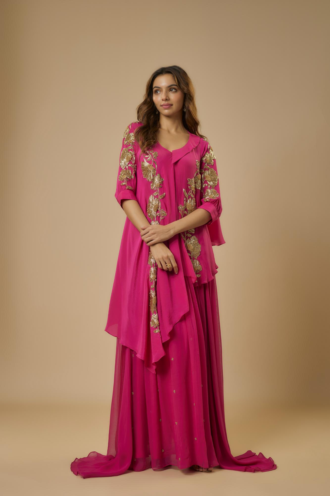 Georgette Pink Embroidered Set by Ewoke with Georgette, Nostalgia's Thread by Ewoke, sustainable fashion at Kamakhyaa for sustainable fashion