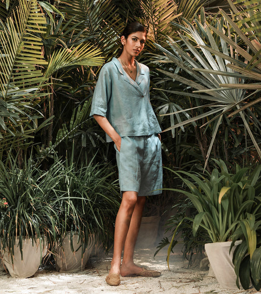 Powder Blue Two Piece Set by Khara Kapas with Another Day In Paradise by Khara Kapas, Blue, Co-ord Sets, Linen, Lost In Paradise by Khara Kapas, Lounge Wear Co-ords, Natural, Relaxed Fit, Resort Wear, Short Sets, Solids, Travel Co-ords, Womenswear at Kamakhyaa for sustainable fashion