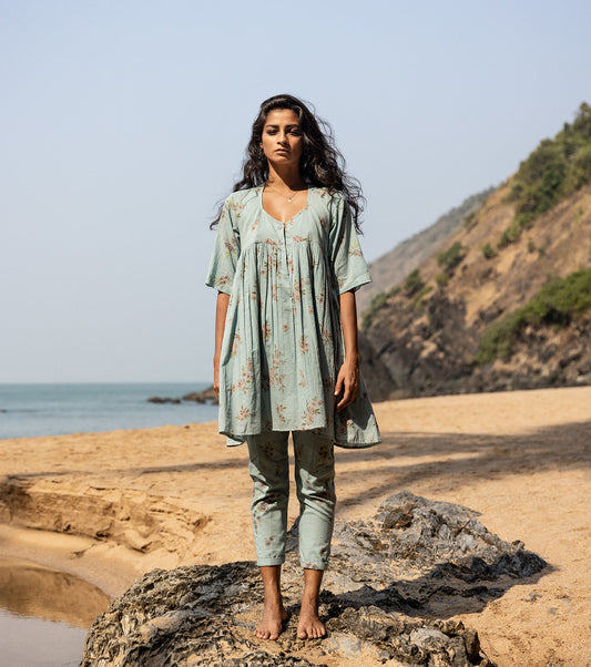 Powder Blue Two Piece Set by Khara Kapas with Blue, Co-ord Sets, Cotton, Lounge Wear Co-ords, Natural, Oh Carol by Khara Kapas, Regular Fit, Resort Wear, Selfsame, Solids, Womenswear at Kamakhyaa for sustainable fashion