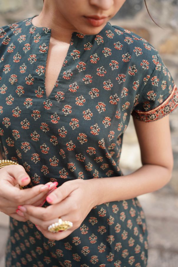 Printed Green Kurta Set with Red Dupatta by Hasttvam with Cotton, Festive Wear, Floral, Green, Handmade by Artisans, Natural Dye, Rang by Hasttvam, Relaxed Fit, Responsible production and Vegan at Kamakhyaa for sustainable fashion