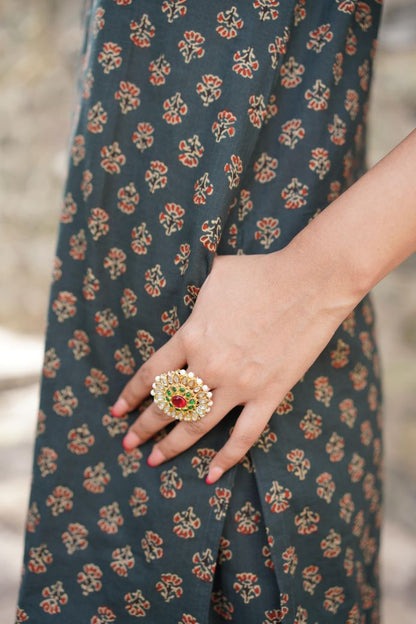 Printed Green Kurta Set with Red Dupatta by Hasttvam with Cotton, Festive Wear, Floral, Green, Handmade by Artisans, Natural Dye, Rang by Hasttvam, Relaxed Fit, Responsible production and Vegan at Kamakhyaa for sustainable fashion