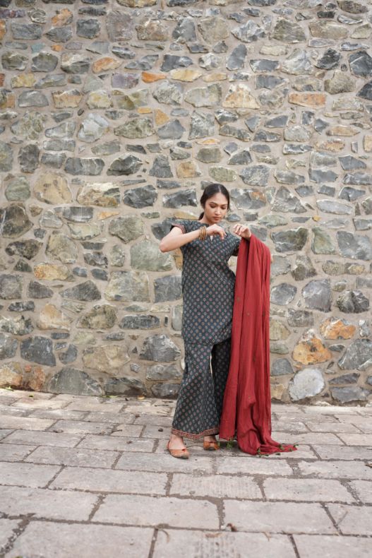 Printed Green Kurta Set with Red Dupatta by Hasttvam with Cotton, Festive Wear, Floral, Green, Handmade by Artisans, Natural Dye, Rang by Hasttvam, Relaxed Fit, Responsible production and Vegan at Kamakhyaa for sustainable fashion