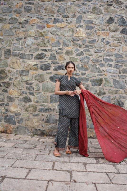 Printed Green Kurta Set with Red Dupatta by Hasttvam with Cotton, Festive Wear, Floral, Green, Handmade by Artisans, Natural Dye, Rang by Hasttvam, Relaxed Fit, Responsible production and Vegan at Kamakhyaa for sustainable fashion