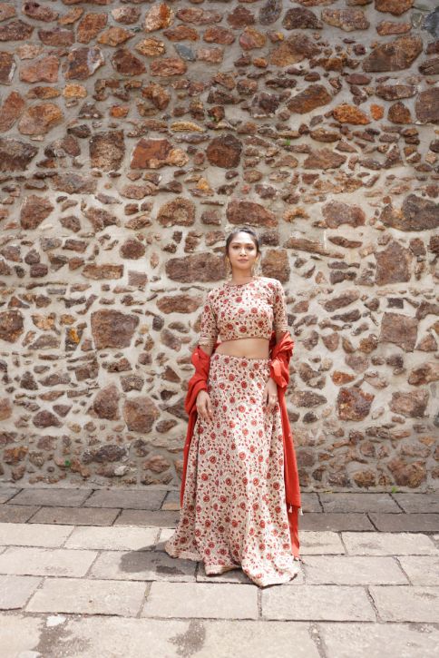 Printed Lehenga Set with Red Dupatta by Hasttvam with Festive Wear, Navratri, Navratri Teens, Rang by Hasttvam, Red, Relaxed Fit at Kamakhyaa for sustainable fashion