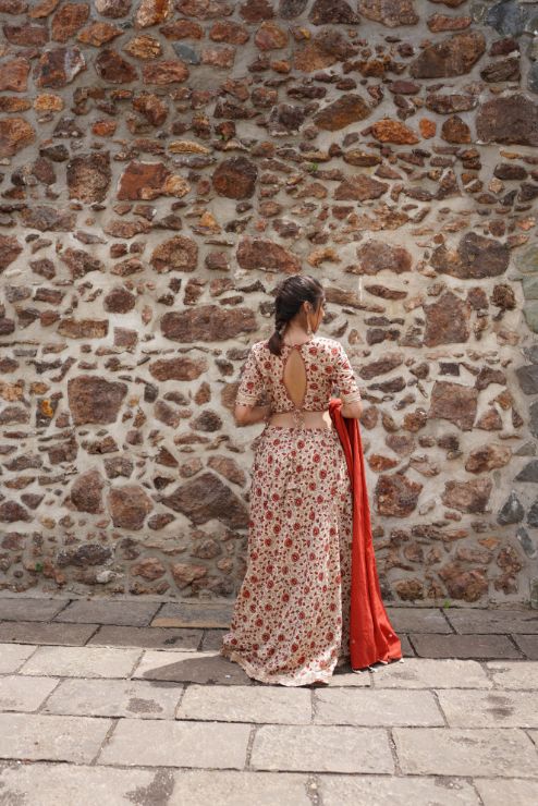 Printed Lehenga Set with Red Dupatta by Hasttvam with Festive Wear, Navratri, Navratri Teens, Rang by Hasttvam, Red, Relaxed Fit at Kamakhyaa for sustainable fashion