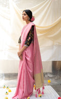 Pure Linen Pink Saree Aanya by Aeka with Checks, Dhupam, Dhupam by Aeka, Embroidered, Festive Wear, Indian Wear, Mehendi Function, Mehendi Functions, Mother's Day Collection, Natural, Pink, Pure Linen, Regular Fit, Saree Sets, Womenswear at Kamakhyaa for sustainable fashion