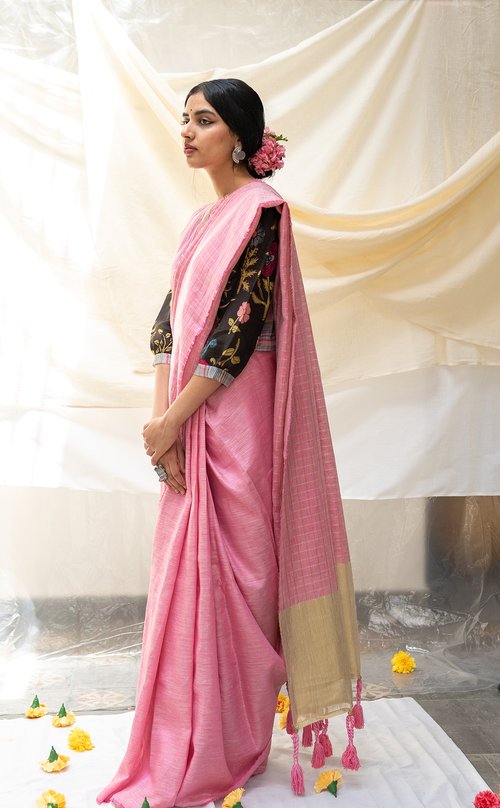 Pure Linen Pink Saree Aanya by Aeka with Checks, Dhupam, Dhupam by Aeka, Embroidered, Festive Wear, Indian Wear, Mehendi Function, Mehendi Functions, Mother's Day Collection, Natural, Pink, Pure Linen, Regular Fit, Saree Sets, Womenswear at Kamakhyaa for sustainable fashion