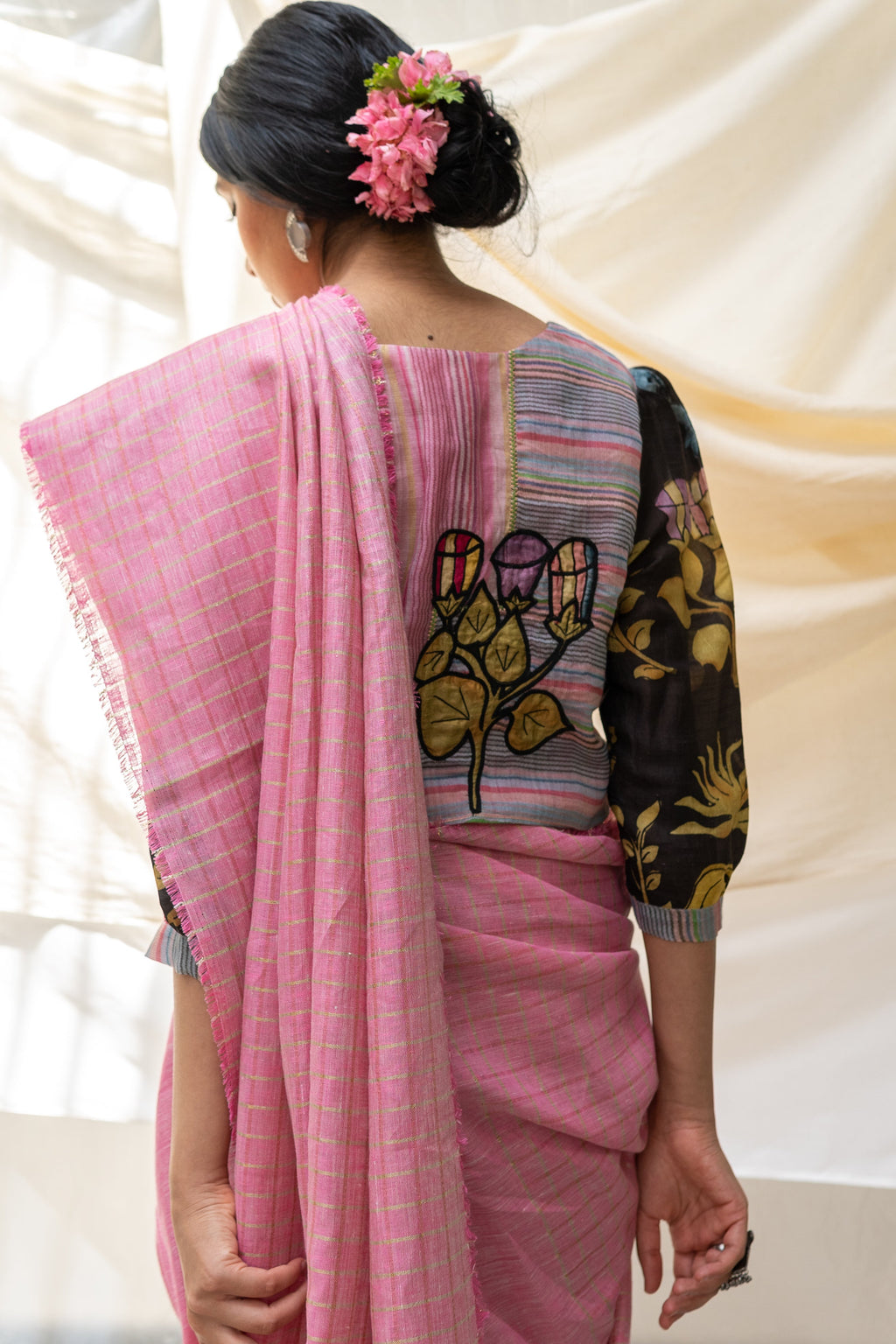 Pure Linen Pink Saree Aanya by Aeka with Checks, Dhupam, Dhupam by Aeka, Embroidered, Festive Wear, Indian Wear, Mehendi Function, Mehendi Functions, Mother's Day Collection, Natural, Pink, Pure Linen, Regular Fit, Saree Sets, Womenswear at Kamakhyaa for sustainable fashion