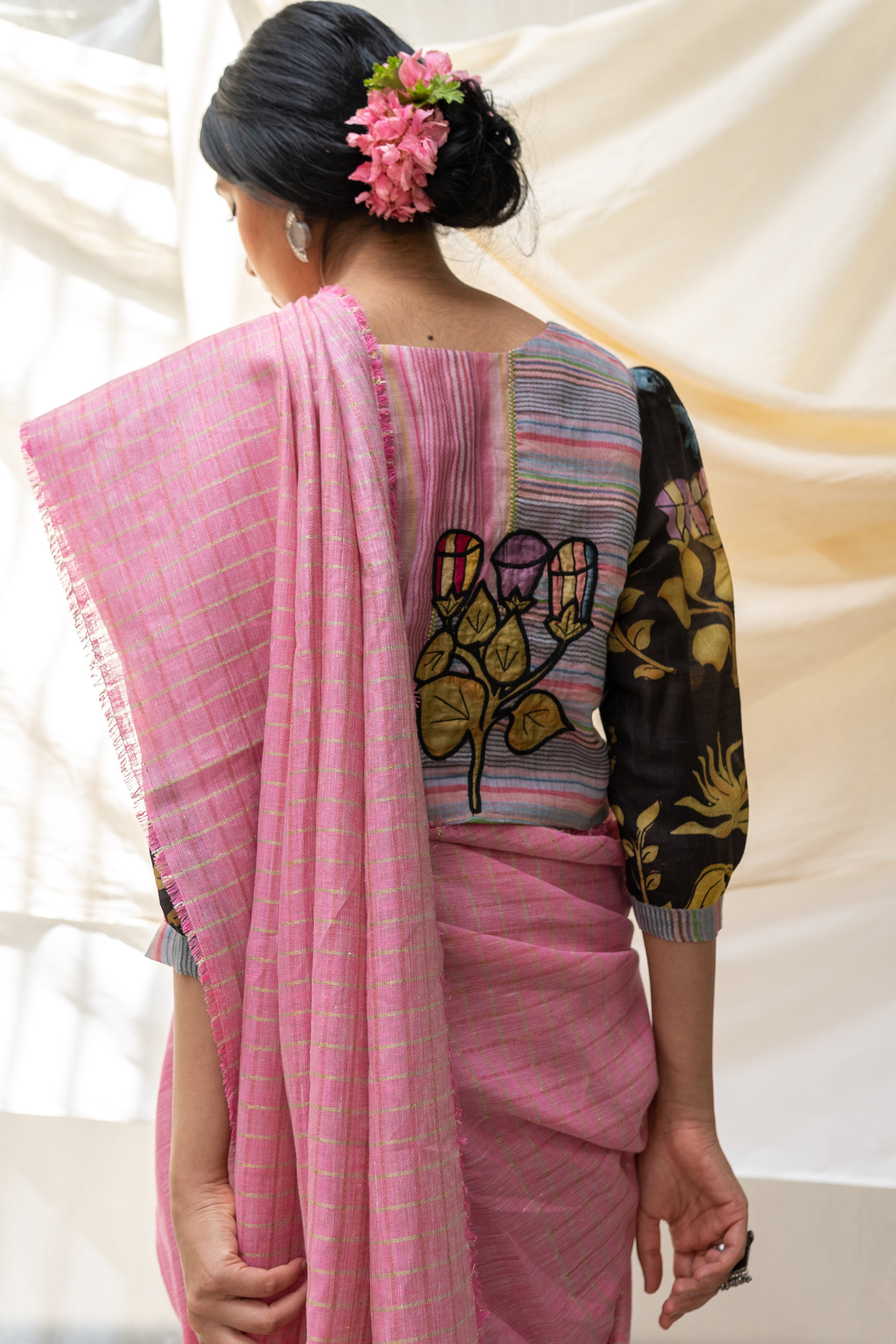 Pure Linen Pink Saree Aanya by Aeka with Checks, Dhupam, Dhupam by Aeka, Embroidered, Festive Wear, Indian Wear, Mehendi Function, Mehendi Functions, Mother's Day Collection, Natural, Pink, Pure Linen, Regular Fit, Saree Sets, Womenswear at Kamakhyaa for sustainable fashion