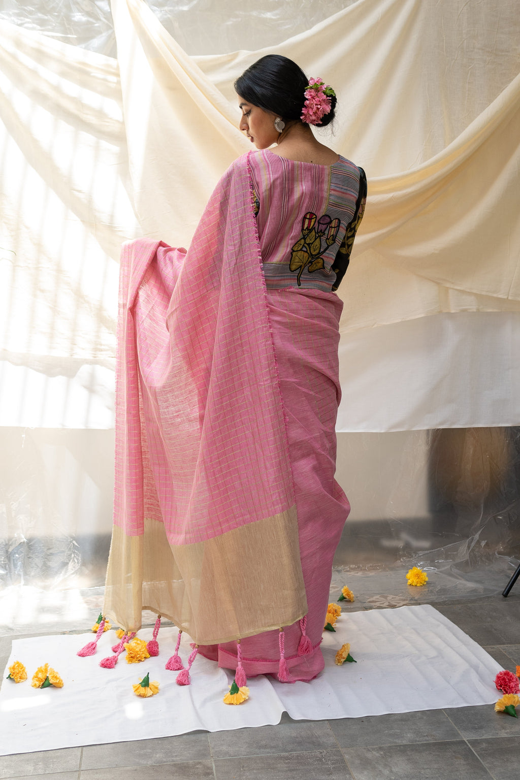 Pure Linen Pink Saree Aanya by Aeka with Checks, Dhupam, Dhupam by Aeka, Embroidered, Festive Wear, Indian Wear, Mehendi Function, Mehendi Functions, Mother's Day Collection, Natural, Pink, Pure Linen, Regular Fit, Saree Sets, Womenswear at Kamakhyaa for sustainable fashion