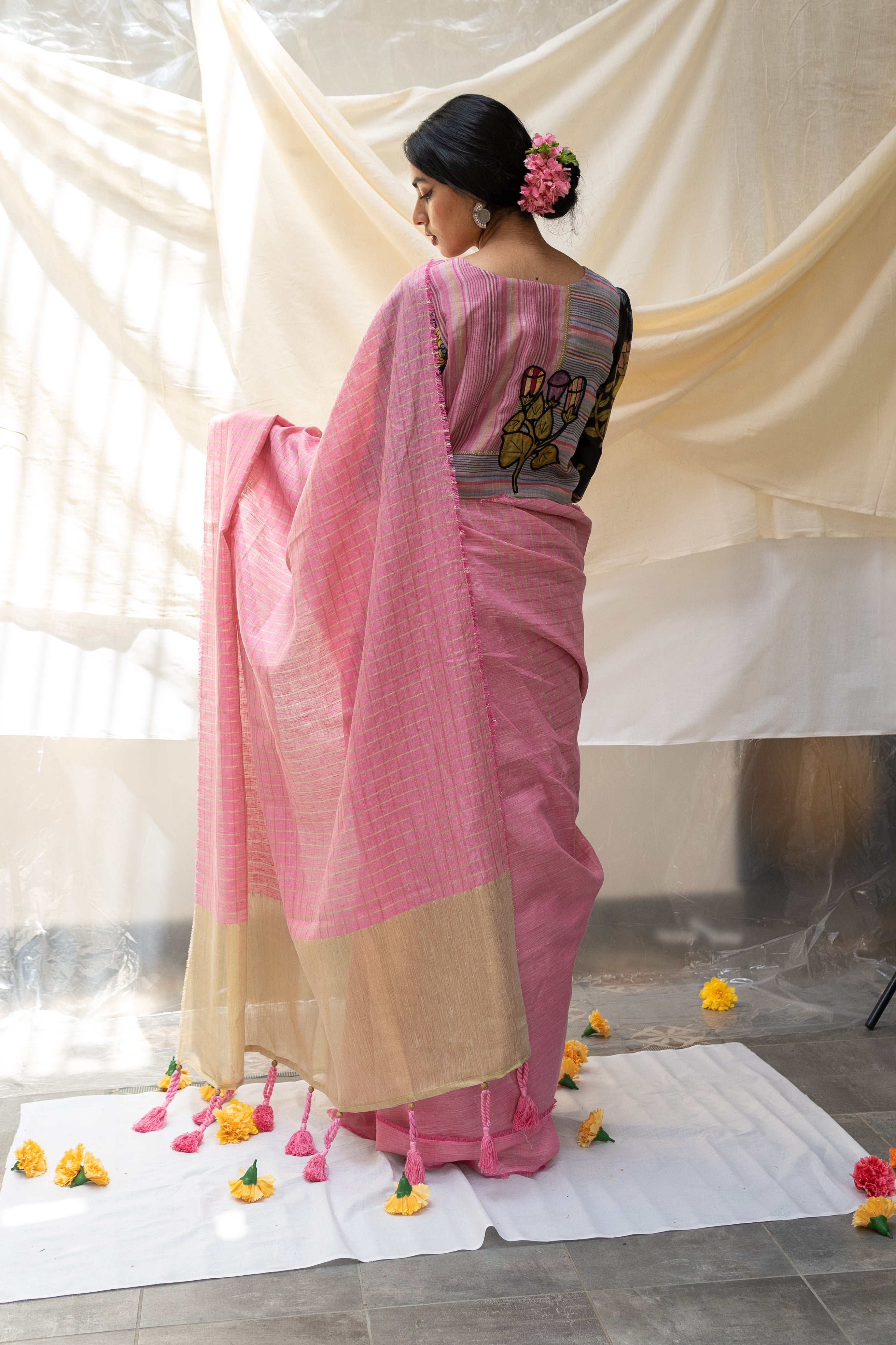 Pure Linen Pink Saree Aanya by Aeka with Checks, Dhupam, Dhupam by Aeka, Embroidered, Festive Wear, Indian Wear, Mehendi Function, Mehendi Functions, Mother's Day Collection, Natural, Pink, Pure Linen, Regular Fit, Saree Sets, Womenswear at Kamakhyaa for sustainable fashion