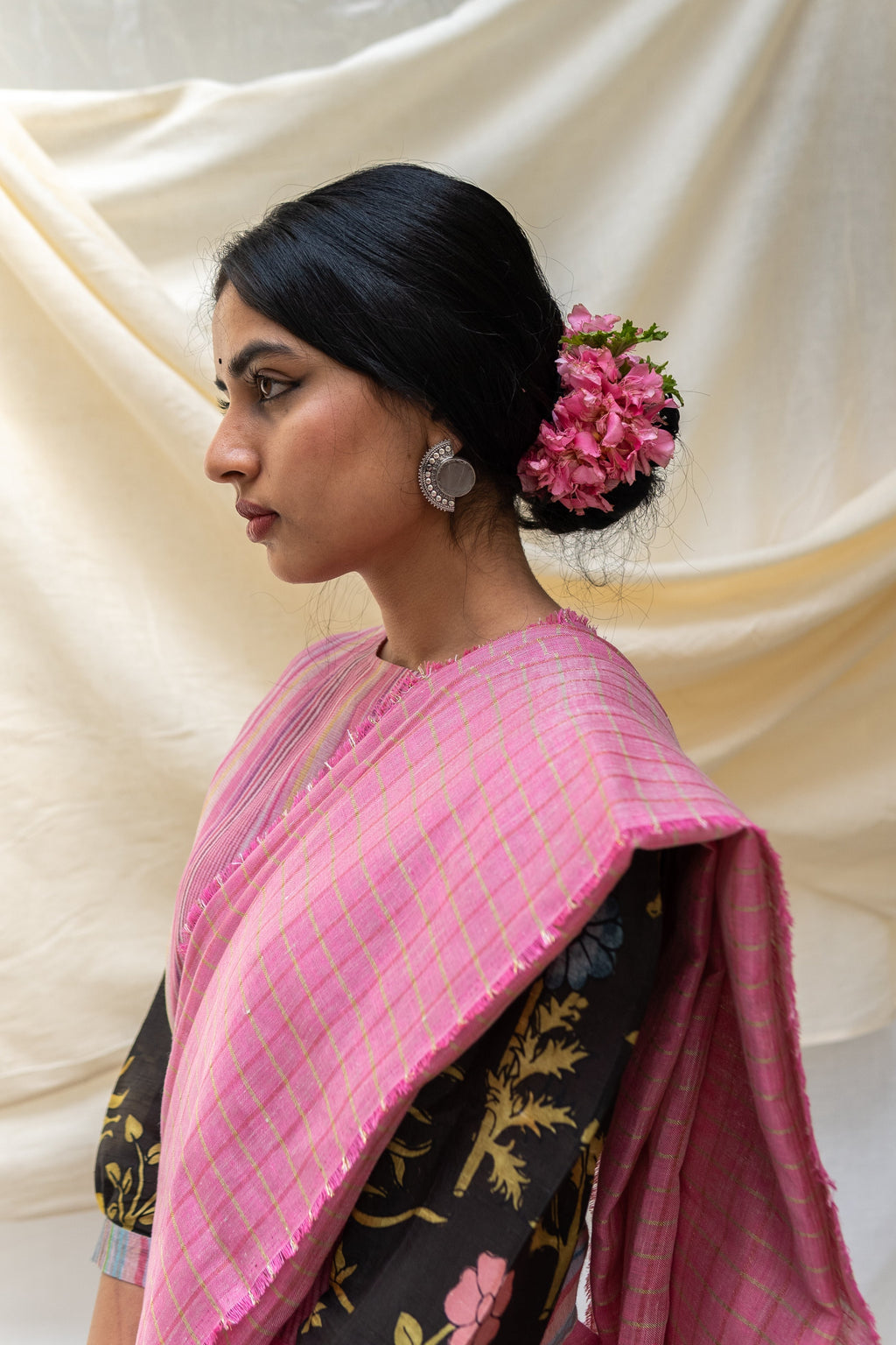Pure Linen Pink Saree Aanya by Aeka with Checks, Dhupam, Dhupam by Aeka, Embroidered, Festive Wear, Indian Wear, Mehendi Function, Mehendi Functions, Mother's Day Collection, Natural, Pink, Pure Linen, Regular Fit, Saree Sets, Womenswear at Kamakhyaa for sustainable fashion