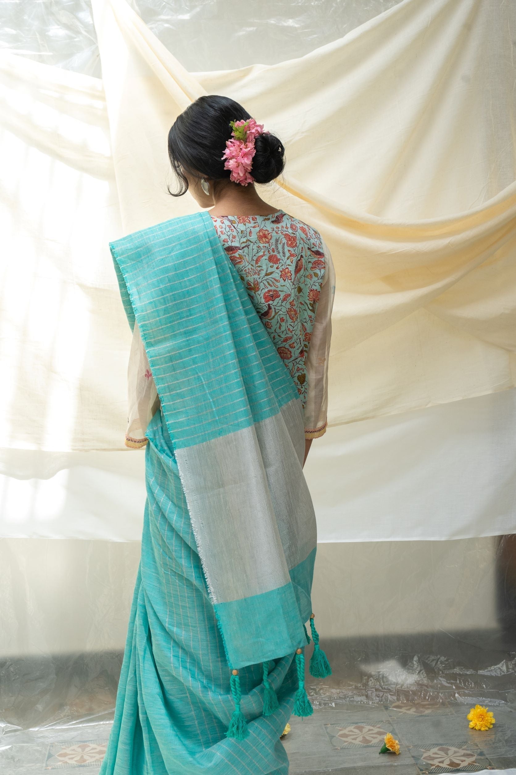 Pure Linen Turquoise Saree Falak by Aeka with Blue, Checks, Chhath Puja, Dhupam, Dhupam by Aeka, Embroidered, Festive Wear, Indian Wear, Mother's Day Collection, Natural, Pure Linen, Regular Fit, Saree Sets, Turquoise, Womenswear at Kamakhyaa for sustainable fashion