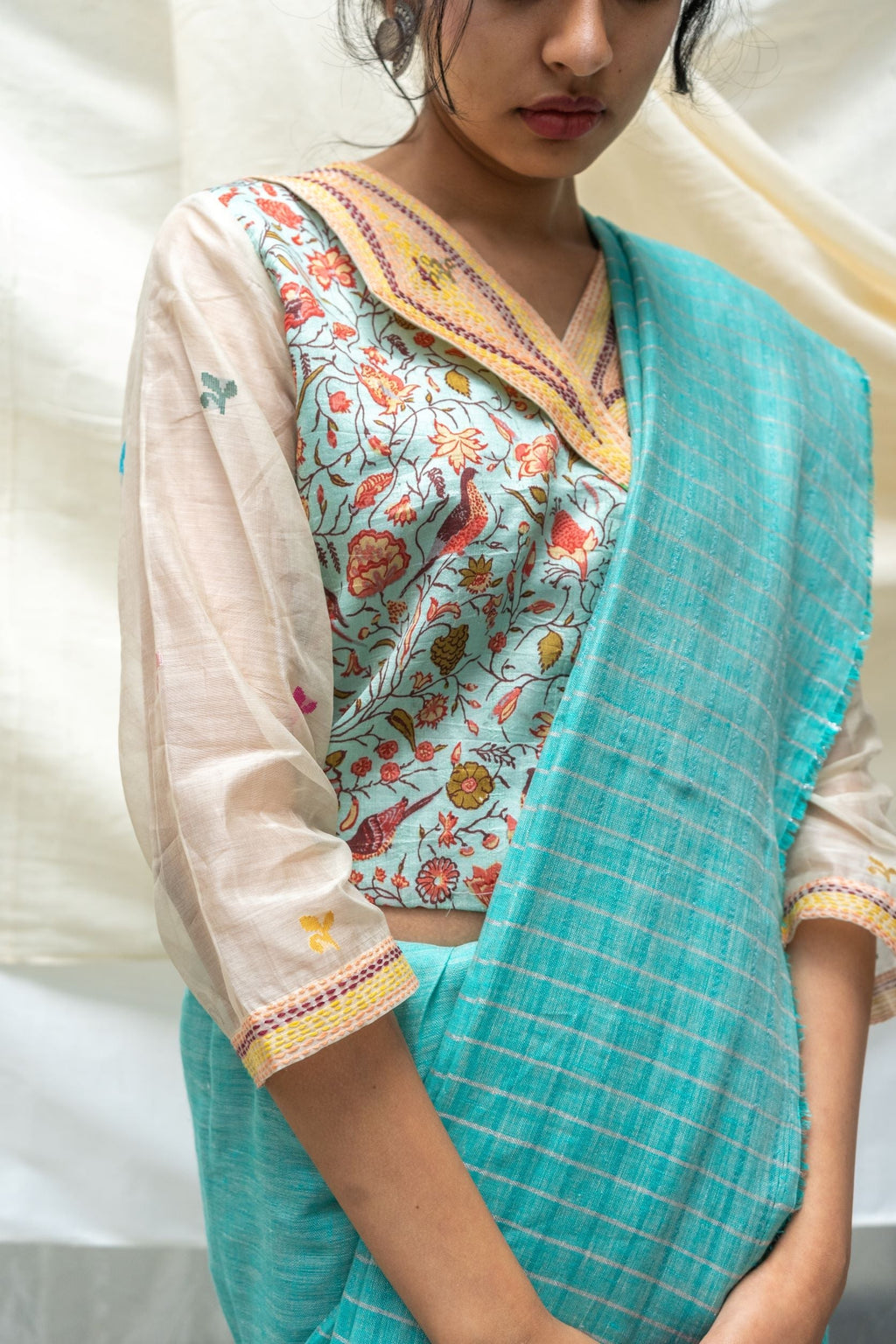 Pure Linen Turquoise Saree Falak by Aeka with Blue, Checks, Chhath Puja, Dhupam, Dhupam by Aeka, Embroidered, Festive Wear, Indian Wear, Mother's Day Collection, Natural, Pure Linen, Regular Fit, Saree Sets, Turquoise, Womenswear at Kamakhyaa for sustainable fashion