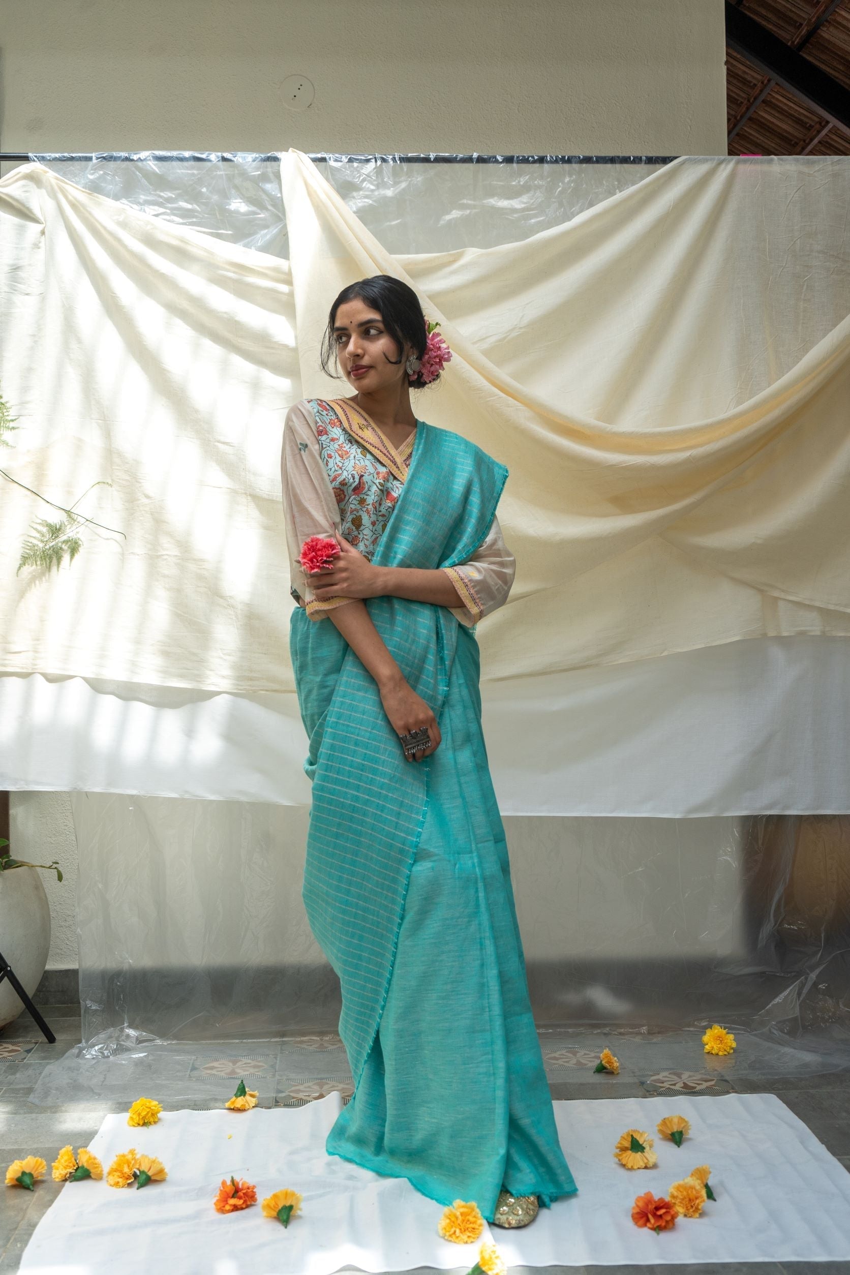 Pure Linen Turquoise Saree Falak by Aeka with Blue, Checks, Chhath Puja, Dhupam, Dhupam by Aeka, Embroidered, Festive Wear, Indian Wear, Mother's Day Collection, Natural, Pure Linen, Regular Fit, Saree Sets, Turquoise, Womenswear at Kamakhyaa for sustainable fashion
