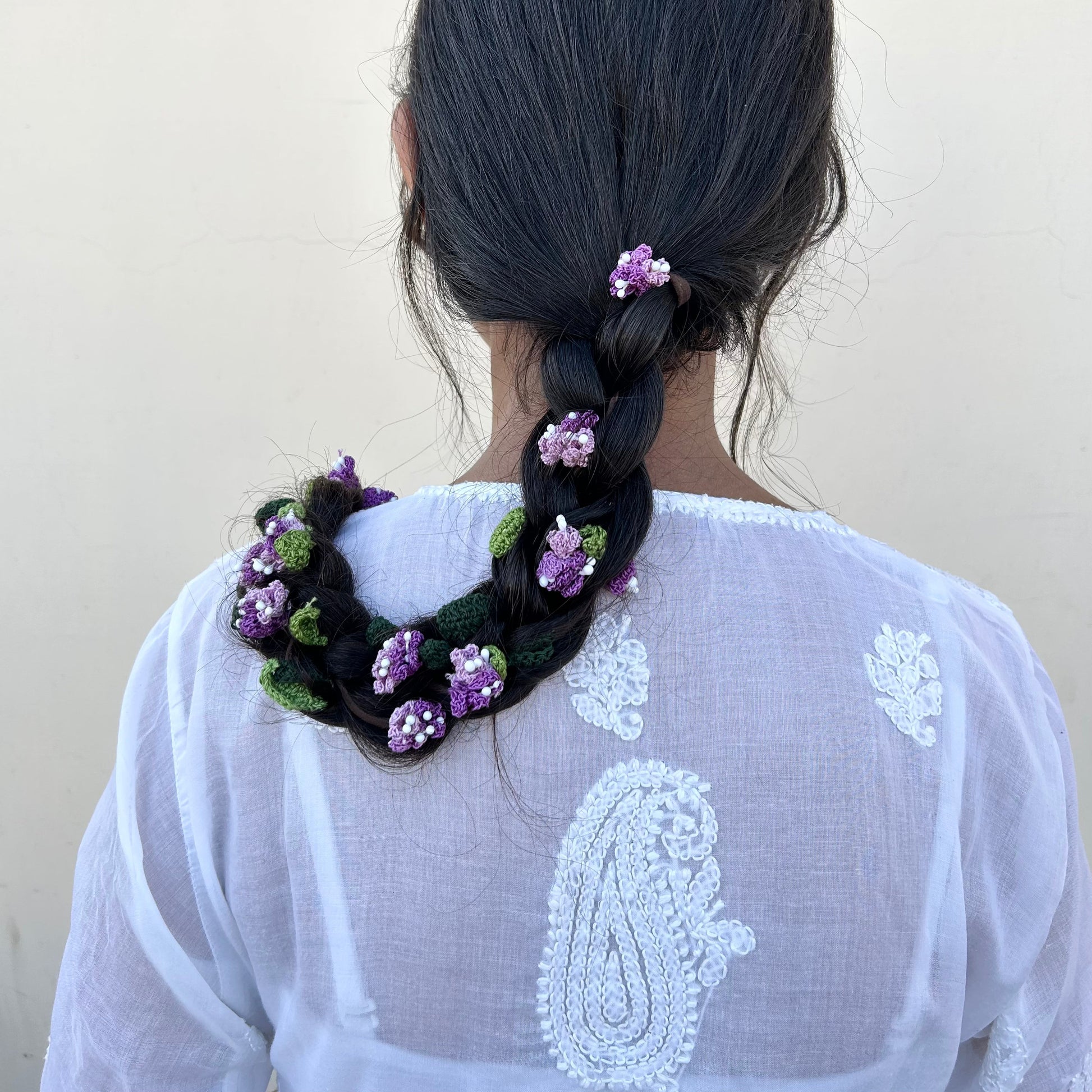 Purple Crochet Hair Parandi by Ikriit'm with Cotton yarn, Crochet, Free Size, Ikriit'm, Made from Natural Materials, Parandi, Purple, Stainless Steel, Women Led Designer at Kamakhyaa for sustainable fashion