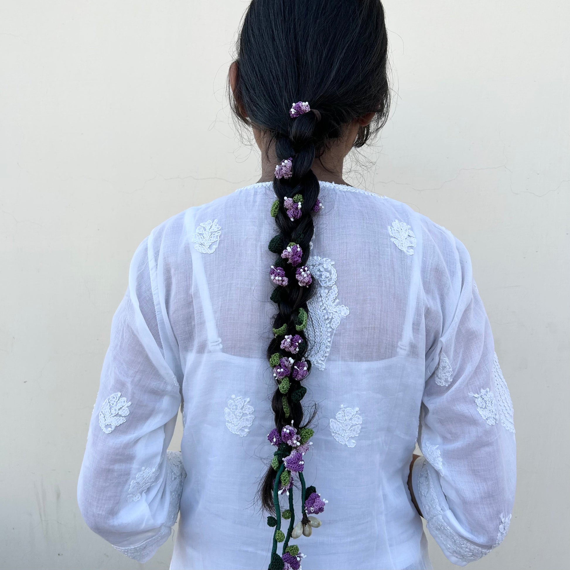 Purple Crochet Hair Parandi by Ikriit'm with Cotton yarn, Crochet, Free Size, Ikriit'm, Made from Natural Materials, Parandi, Purple, Stainless Steel, Women Led Designer at Kamakhyaa for sustainable fashion