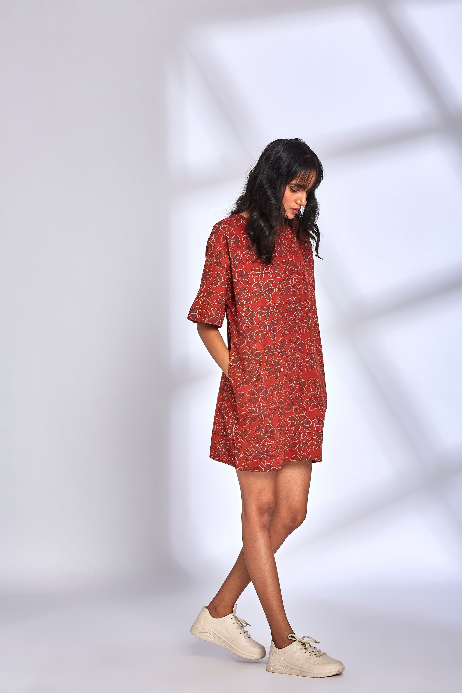 Red Ajrakh Printing Mini Dress by Hasttvam with Cotton, Eden by Hasttvam, Floral, Fusion Wear, Natural Dye, Red, Relaxed Fit, Responsible production and Vegan at Kamakhyaa for sustainable fashion