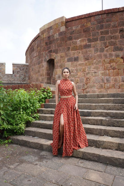 Red Block Printed Lehenga Set by Hasttvam with Cotton, Festive Wear, Floral, Handmade by Artisans, Natural dyes, Navratri, Navratri Teens, Rang by Hasttvam, Red, Relaxed Fit, Respondible production and Vegan at Kamakhyaa for sustainable fashion