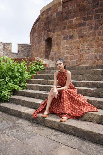 Red Block Printed Lehenga Set by Hasttvam with Cotton, Festive Wear, Floral, Handmade by Artisans, Natural dyes, Navratri, Navratri Teens, Rang by Hasttvam, Red, Relaxed Fit, Respondible production and Vegan at Kamakhyaa for sustainable fashion