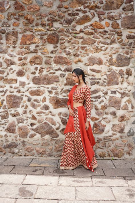 Red Butta Block Printing Lehenga Set by Hasttvam with Navratri, Navratri Teens, Rang by Hasttvam, Relaxed Fit at Kamakhyaa for sustainable fashion