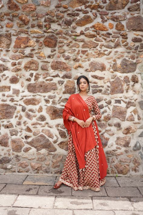 Red Butta Block Printing Lehenga Set by Hasttvam with Navratri, Navratri Teens, Rang by Hasttvam, Relaxed Fit at Kamakhyaa for sustainable fashion