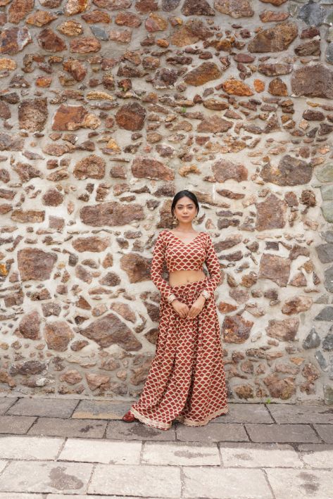 Red Butta Block Printing Lehenga Set by Hasttvam with Navratri, Navratri Teens, Rang by Hasttvam, Relaxed Fit at Kamakhyaa for sustainable fashion