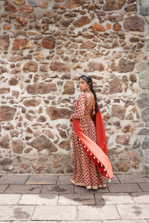 Red Butta Block Printing Lehenga Set by Hasttvam with Navratri, Navratri Teens, Rang by Hasttvam, Relaxed Fit at Kamakhyaa for sustainable fashion