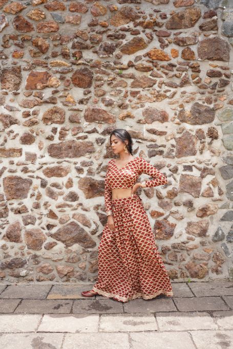 Red Butta Block Printing Lehenga Set by Hasttvam with Navratri, Navratri Teens, Rang by Hasttvam, Relaxed Fit at Kamakhyaa for sustainable fashion