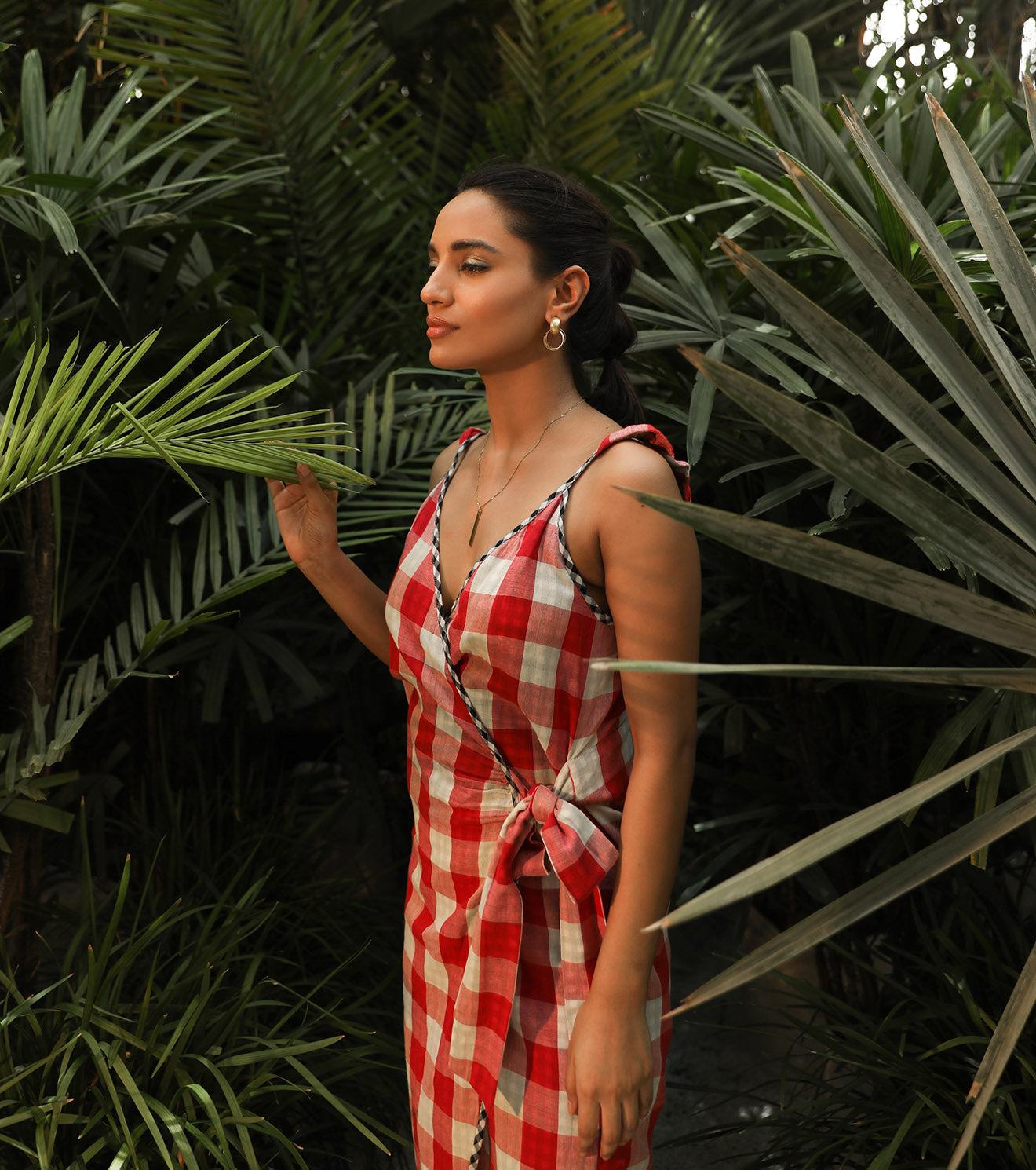 Red Check Wrap Dress by Khara Kapas with Another Day In Paradise by Khara Kapas, Checks, Cotton, Lost In Paradise by Khara Kapas, Natural, Red, Regular Fit, Resort Wear, Womenswear, Wrap Dresses at Kamakhyaa for sustainable fashion