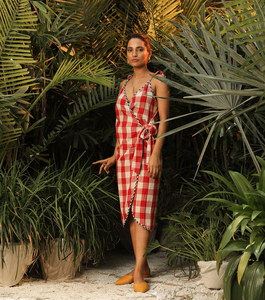 Red Check Wrap Dress by Khara Kapas with Another Day In Paradise by Khara Kapas, Checks, Cotton, Lost In Paradise by Khara Kapas, Natural, Red, Regular Fit, Resort Wear, Womenswear, Wrap Dresses at Kamakhyaa for sustainable fashion