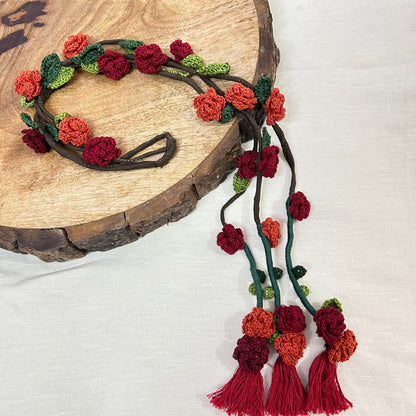 Red Crochet Hair Parandi by Ikriit'm with Cotton yarn, Crochet, Free Size, Ikriit'm, Made from Natural Materials, Parandi, Red, Stainless Steel, Women Led Designer at Kamakhyaa for sustainable fashion