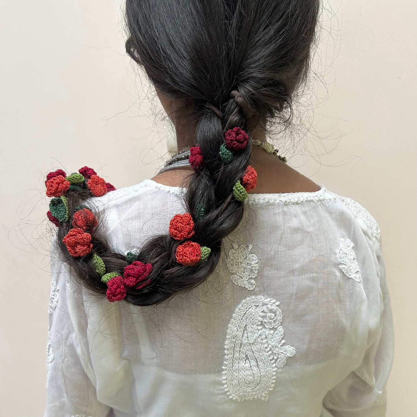 Red Crochet Hair Parandi by Ikriit'm with Cotton yarn, Crochet, Free Size, Ikriit'm, Made from Natural Materials, Parandi, Red, Stainless Steel, Women Led Designer at Kamakhyaa for sustainable fashion