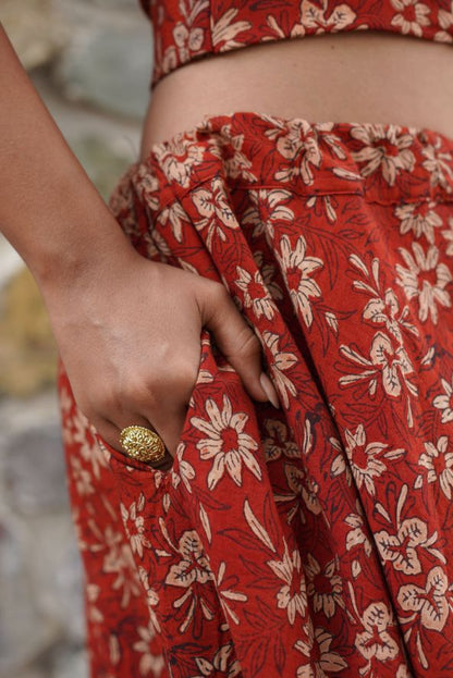 Red Hand Block Printed Lehenga Set by Hasttvam with Cotton, Festive Wear, Floral, Handmade by Artisans, Natural dyes, Navratri, Navratri Teens, Rang by Hasttvam, Red, Relaxed Fit, Respondible production and Vegan at Kamakhyaa for sustainable fashion