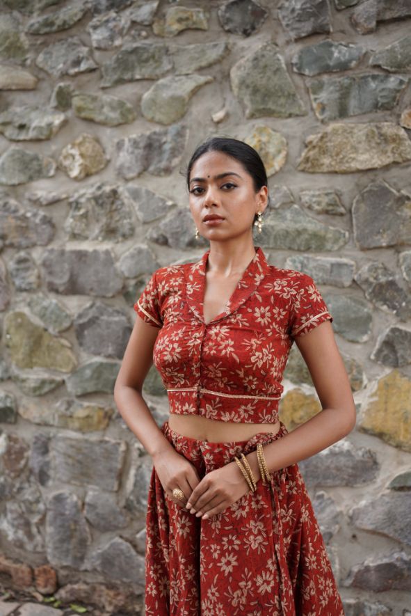 Red Hand Block Printed Lehenga Set by Hasttvam with Cotton, Festive Wear, Floral, Handmade by Artisans, Natural dyes, Navratri, Navratri Teens, Rang by Hasttvam, Red, Relaxed Fit, Respondible production and Vegan at Kamakhyaa for sustainable fashion