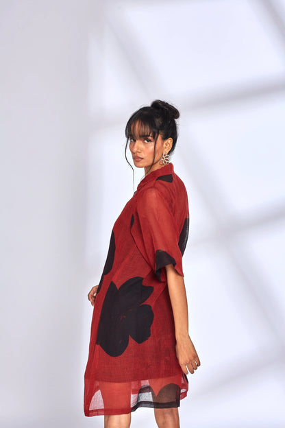 Red Kota Shirt Dress by Hasttvam with Eden by Hasttvam, Fashion Week Looks, Floral, Fusion Wear, Kota Doria, Natural Dye, Red, Relaxed Fit, Responsible production and Vegan, Shirt Dresses, Sundowner Looks at Kamakhyaa for sustainable fashion