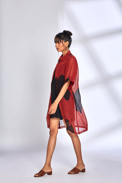 Red Kota Shirt Dress by Hasttvam with Eden by Hasttvam, Fashion Week Looks, Floral, Fusion Wear, Kota Doria, Natural Dye, Red, Relaxed Fit, Responsible production and Vegan, Shirt Dresses, Sundowner Looks at Kamakhyaa for sustainable fashion