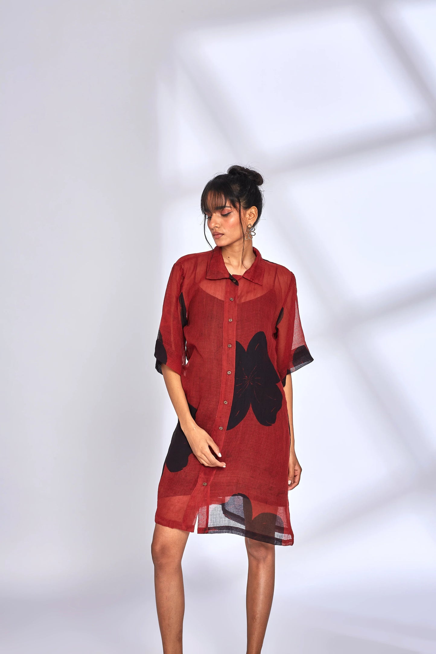 Red Kota Shirt Dress by Hasttvam with Eden by Hasttvam, Fashion Week Looks, Floral, Fusion Wear, Kota Doria, Natural Dye, Red, Relaxed Fit, Responsible production and Vegan, Shirt Dresses, Sundowner Looks at Kamakhyaa for sustainable fashion