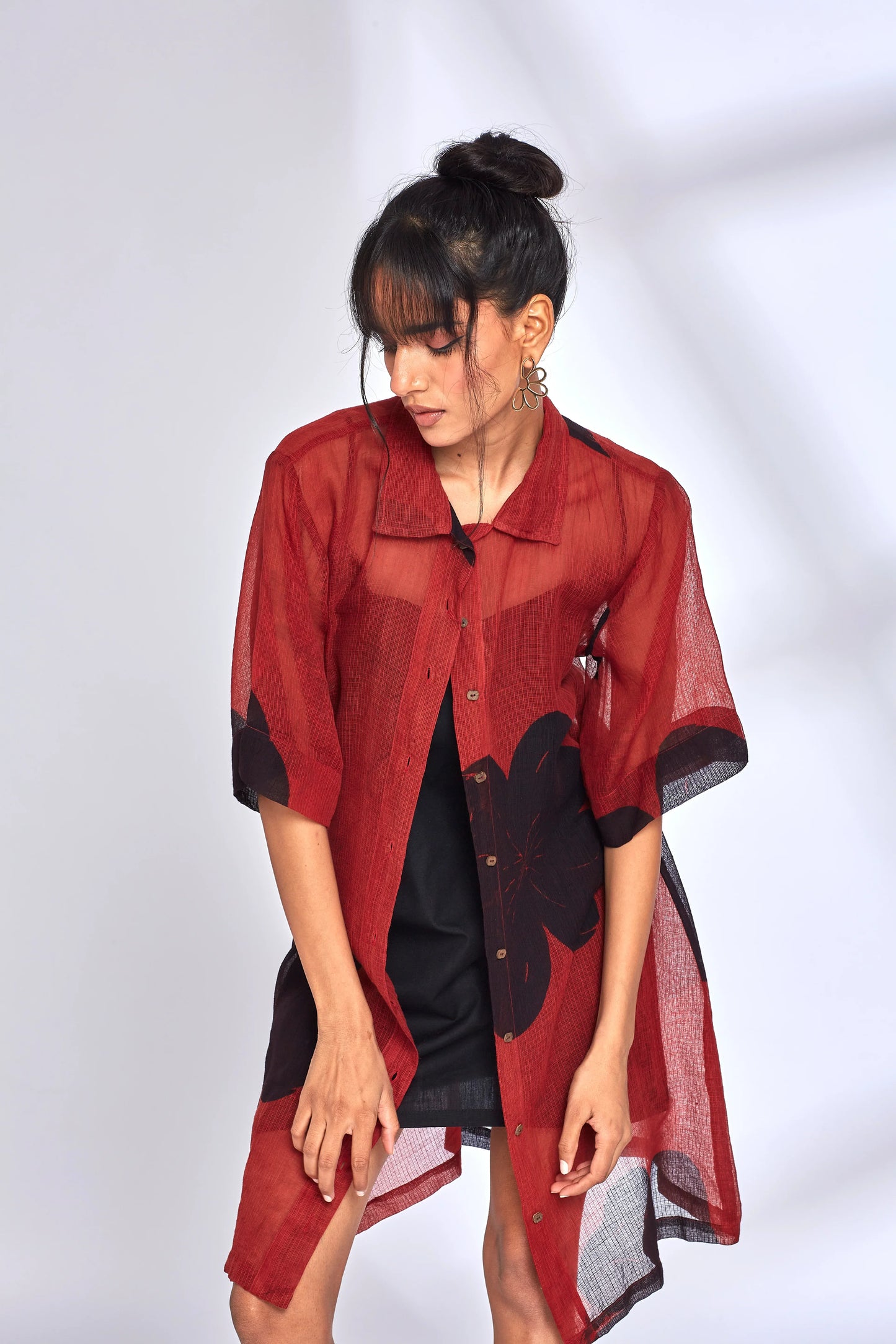 Red Kota Shirt Dress by Hasttvam with Eden by Hasttvam, Fashion Week Looks, Floral, Fusion Wear, Kota Doria, Natural Dye, Red, Relaxed Fit, Responsible production and Vegan, Shirt Dresses, Sundowner Looks at Kamakhyaa for sustainable fashion