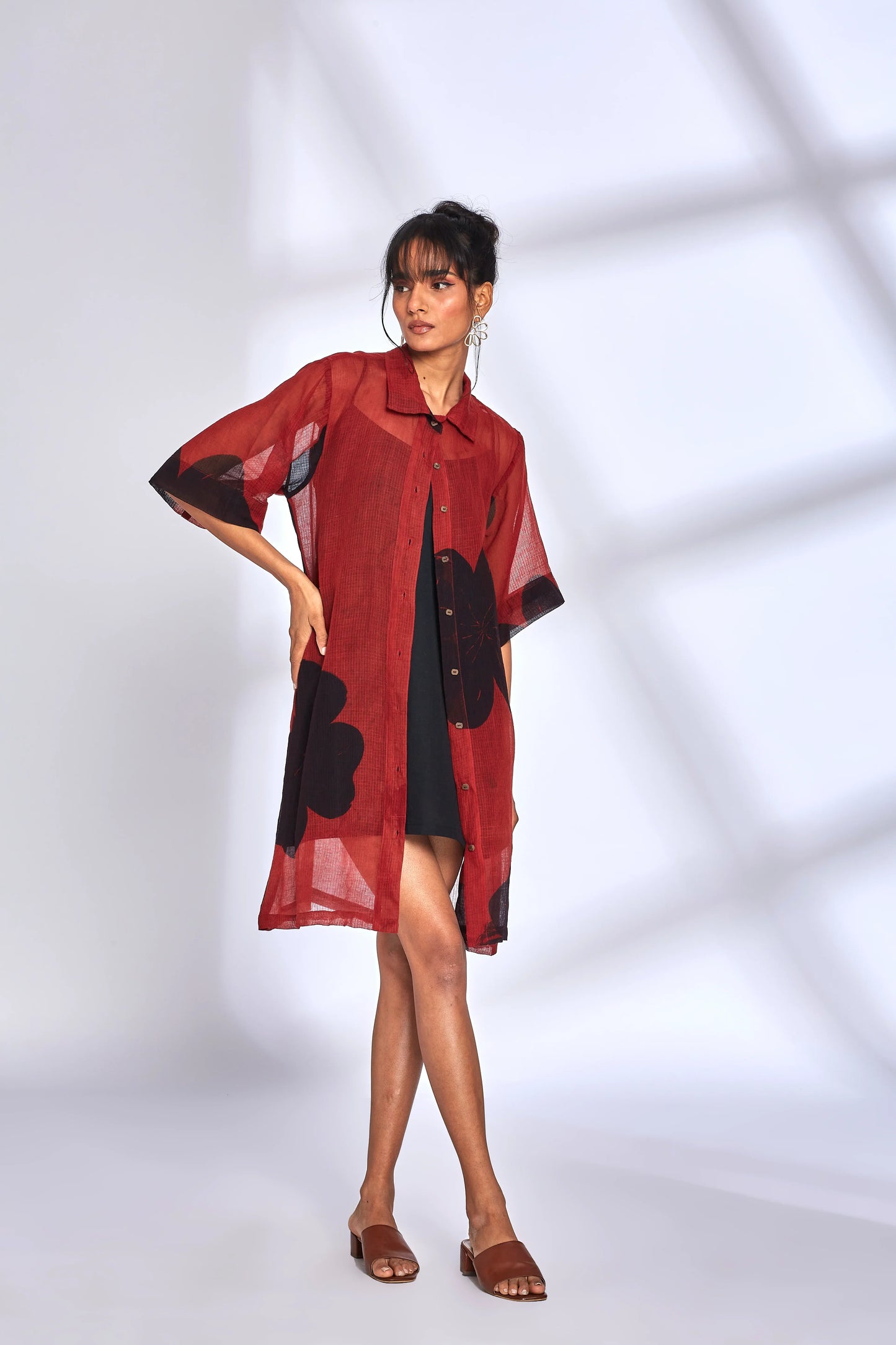 Red Kota Shirt Dress by Hasttvam with Eden by Hasttvam, Fashion Week Looks, Floral, Fusion Wear, Kota Doria, Natural Dye, Red, Relaxed Fit, Responsible production and Vegan, Shirt Dresses, Sundowner Looks at Kamakhyaa for sustainable fashion