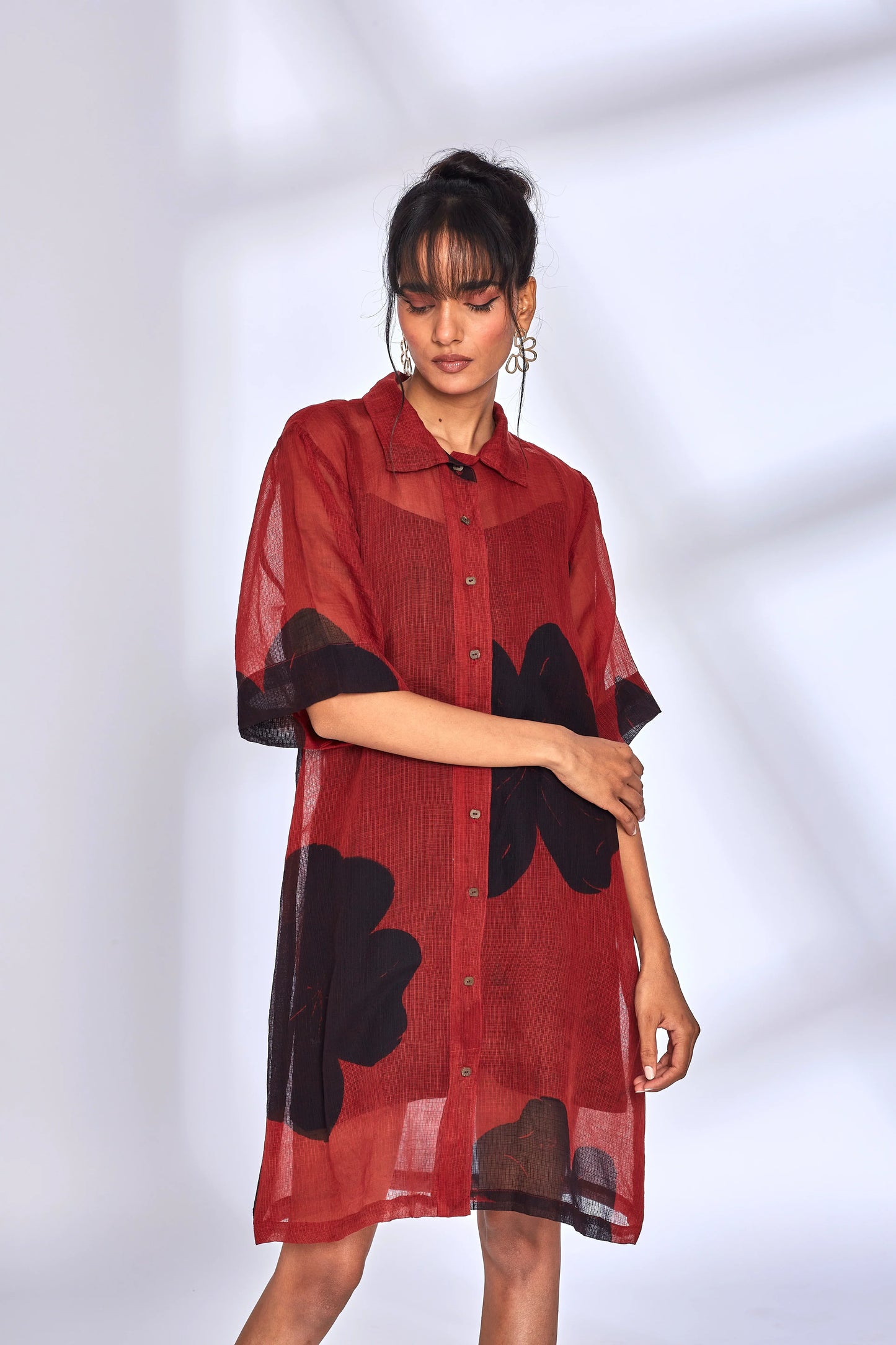 Red Kota Shirt Dress by Hasttvam with Eden by Hasttvam, Fashion Week Looks, Floral, Fusion Wear, Kota Doria, Natural Dye, Red, Relaxed Fit, Responsible production and Vegan, Shirt Dresses, Sundowner Looks at Kamakhyaa for sustainable fashion