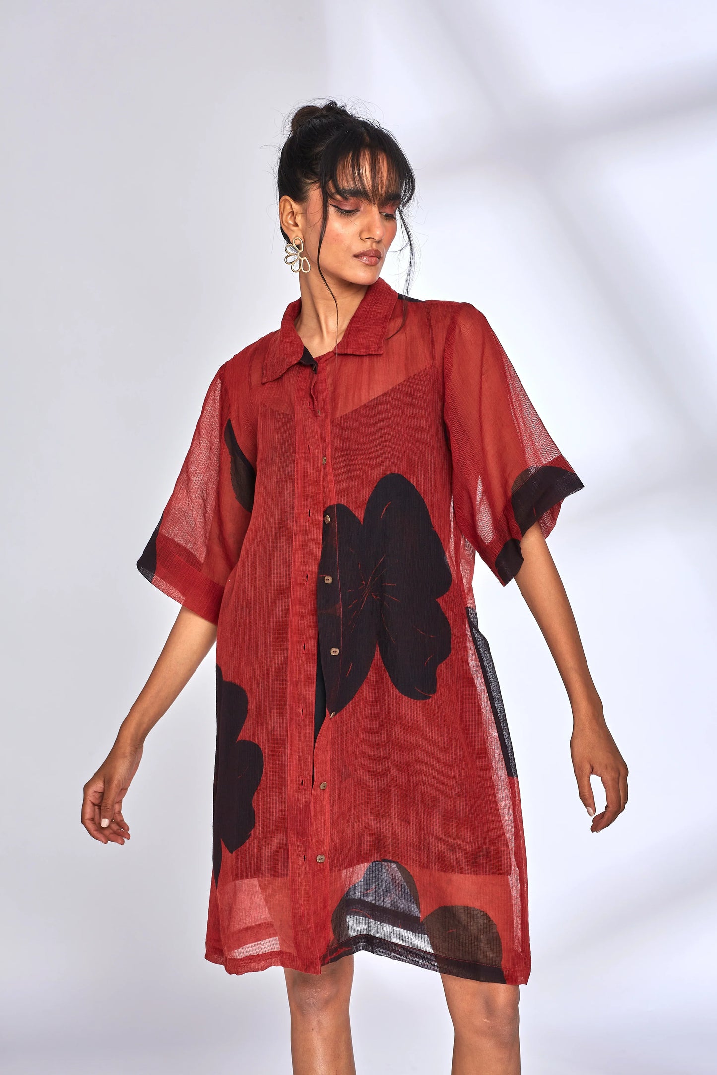 Red Kota Shirt Dress by Hasttvam with Eden by Hasttvam, Fashion Week Looks, Floral, Fusion Wear, Kota Doria, Natural Dye, Red, Relaxed Fit, Responsible production and Vegan, Shirt Dresses, Sundowner Looks at Kamakhyaa for sustainable fashion