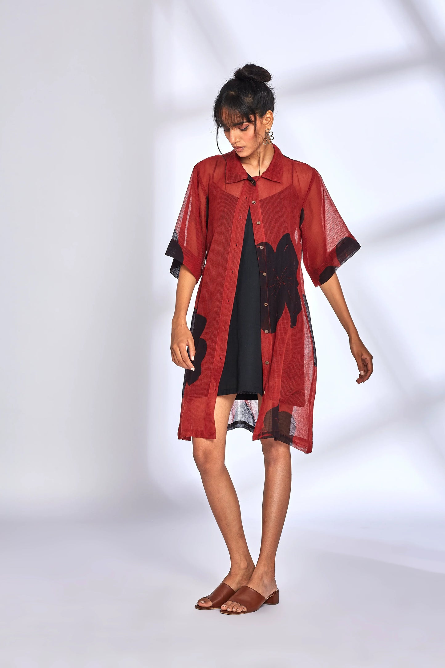 Red Kota Shirt Dress by Hasttvam with Eden by Hasttvam, Fashion Week Looks, Floral, Fusion Wear, Kota Doria, Natural Dye, Red, Relaxed Fit, Responsible production and Vegan, Shirt Dresses, Sundowner Looks at Kamakhyaa for sustainable fashion