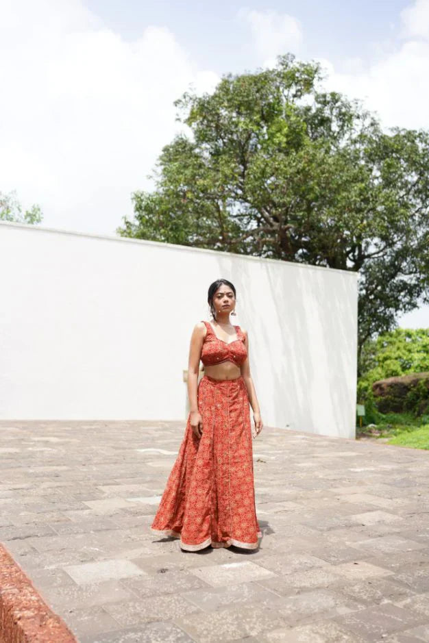 Red Lehenga Set by Hasttvam with Cotton, Festive Wear, Floral, Handmade by Artisans, Natural dyes, Navratri, Navratri Teens, Rang by Hasttvam, Red, Relaxed Fit, Respondible production and Vegan at Kamakhyaa for sustainable fashion