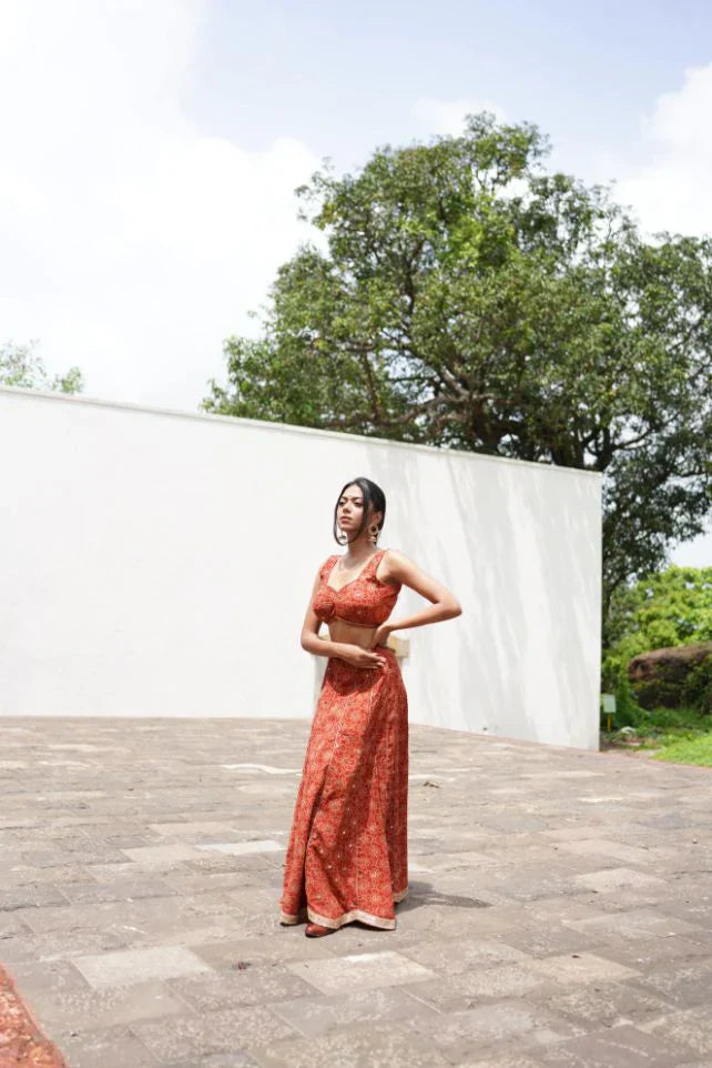 Red Lehenga Set by Hasttvam with Cotton, Festive Wear, Floral, Handmade by Artisans, Natural dyes, Navratri, Navratri Teens, Rang by Hasttvam, Red, Relaxed Fit, Respondible production and Vegan at Kamakhyaa for sustainable fashion